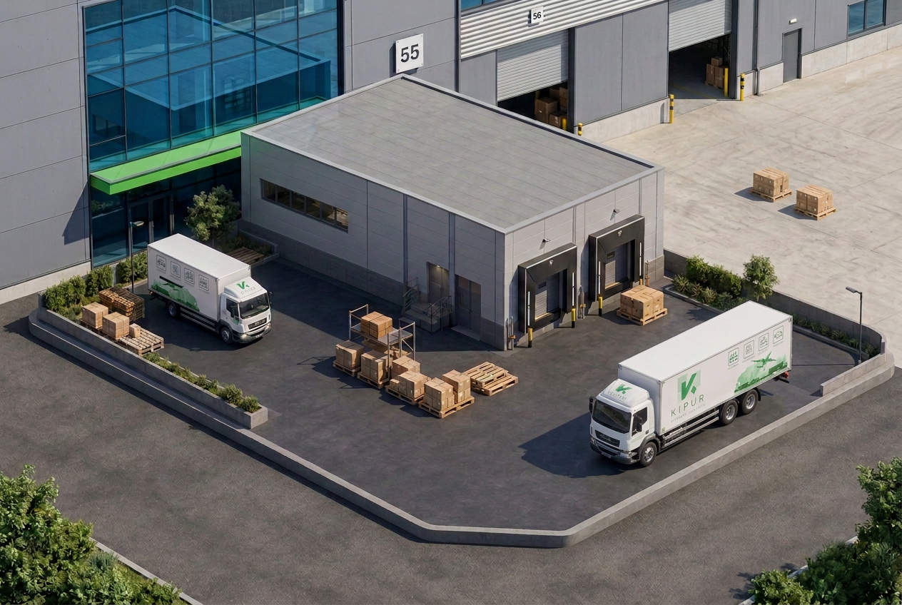 Centro logístico con bodega, camiones y flujo coordinado